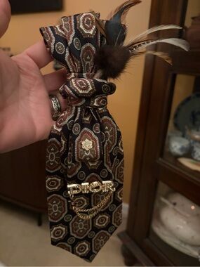 DIOR Necklace Tie with Gold Logo Chain and Natural Fur & Feather Detail